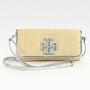 Tory Burch Stacked "T" Straw Silver Clutch